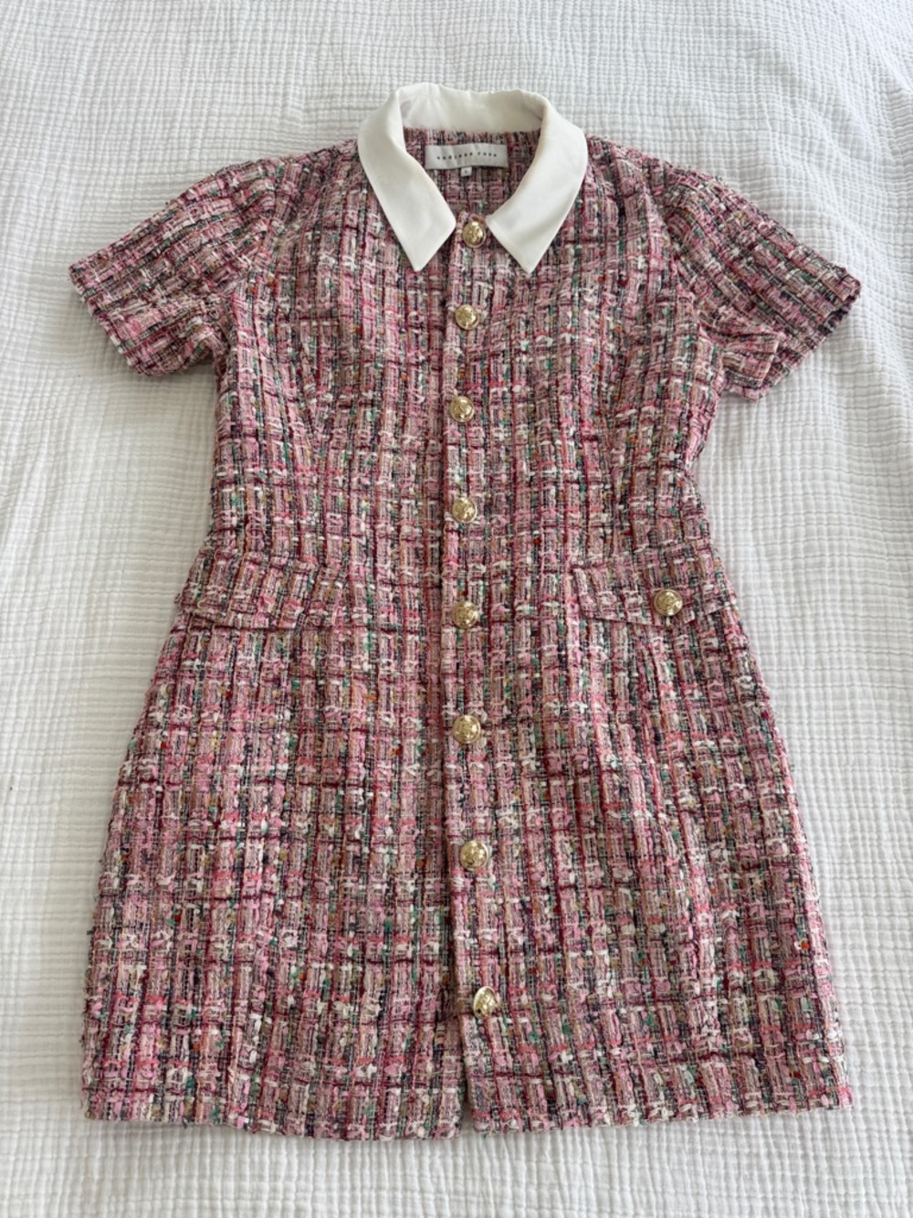 Womens Pink Tweed Button-Front Dress with White Collar